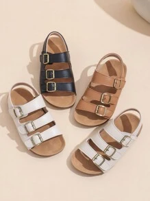 1 Paar schwarze Sandalen für Kleinkind/Babys in großer Größe, Komfortabler römischer Stil, PU-Riemen mit verstellbarem Metallschnallenverschluss, runde Zehenkappe, rutschfeste Gummisohle, modisch niedliche flache Sandalen für Jungen und Mädchen von 3-12 Jahren, für Alltag, Outdoor, Urlaub, Frühling/Sommer
