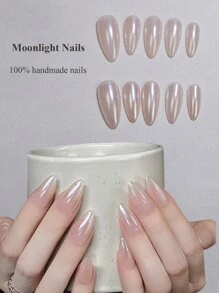 100% Handmade Press-On Nail Tips, Fairy Glitter Metallic Silver Snowflake Light Nude False Nails, 10pcs Almond Shape Nail Tips, Minimalist Nail Design, Suitable For Daily And Party Nail Products, Nail Supplies - Dusty Pink - View 2