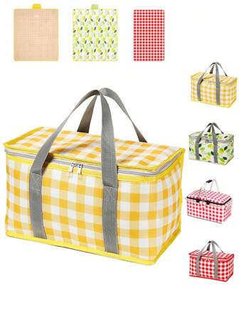 1個開季野餐籃，春季郊遊可摺疊戶外野餐露營鋁箔保溫袋，便攜式防水野餐袋午餐袋