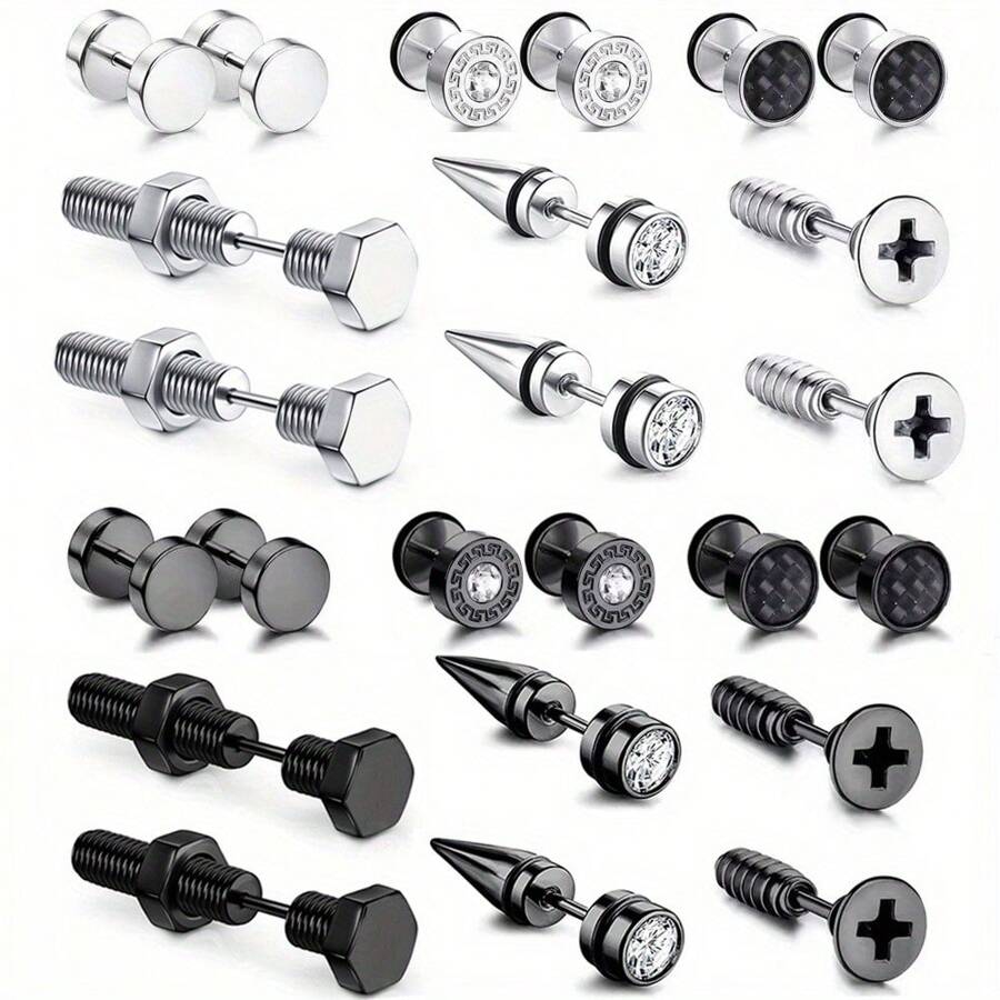 SENLANSP 6對男性不鏽鋼龐克螺旋耳釘-時尚螺旋啞鈴穿刺飾品 - 耳環 - 查看 1