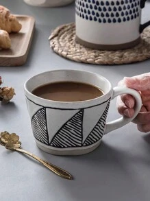 Aesthetically Handcrafted Coarse Pottery Coffee Mug With Wooden Coaster/Without Coaster, Small Blue Flower/Geometric Triangle Pattern Design, Suitable For Home And Office Use Back To School