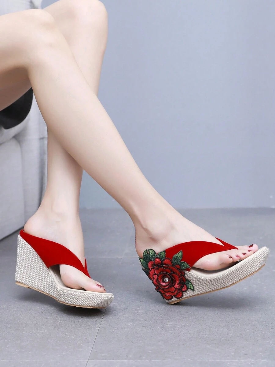 9cm Embroidered Platform Wedge Sandals, Thick Bottom Wedge Flip Flops, Summer Fashion Bohemian Beach Sandals, Beach Slippers, High Heel Slippers, Sweet Princess Style Sandals, Available In Multiple Sizes For Women