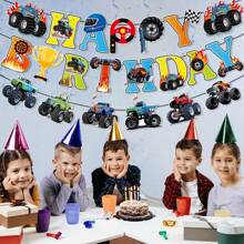 Birthday Party Decoration Off-Road Vehicle Birthday Pennant Flag Banner Monster Truck Spiral Hanging Decor,Christmas - 1set/bag - View 6