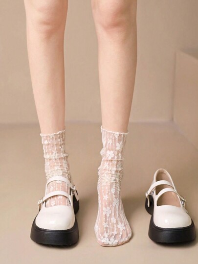 1pc Women Black & White Lace Socks, Summer Mary Jane Fishnet Mesh Pile Socks, Fits Daily Wear