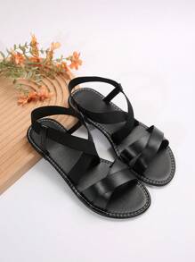 Sandalias planas con banda elástica con estilo europeo y americano, lindas sandalias negras de playa