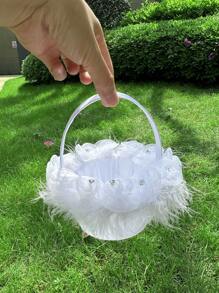 1pc Wedding Flower Girl Basket Mini Lace, Feather, And Flower Basket With Handle For Wedding, White Lace Flower Basket Used As Photography Prop And Wedding Accessories Jewelry Flower Basket - Multicolor - View 10