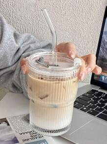 1pc Transparent Glass Cup With Striped Pattern Lid And Straw, Portable And Simple Style Cup For Water, Tea Or Coffee, With A Highly Attractive Ins Style; Comes With A Round Shape, With A Capacity Of 350 Ml Back To School