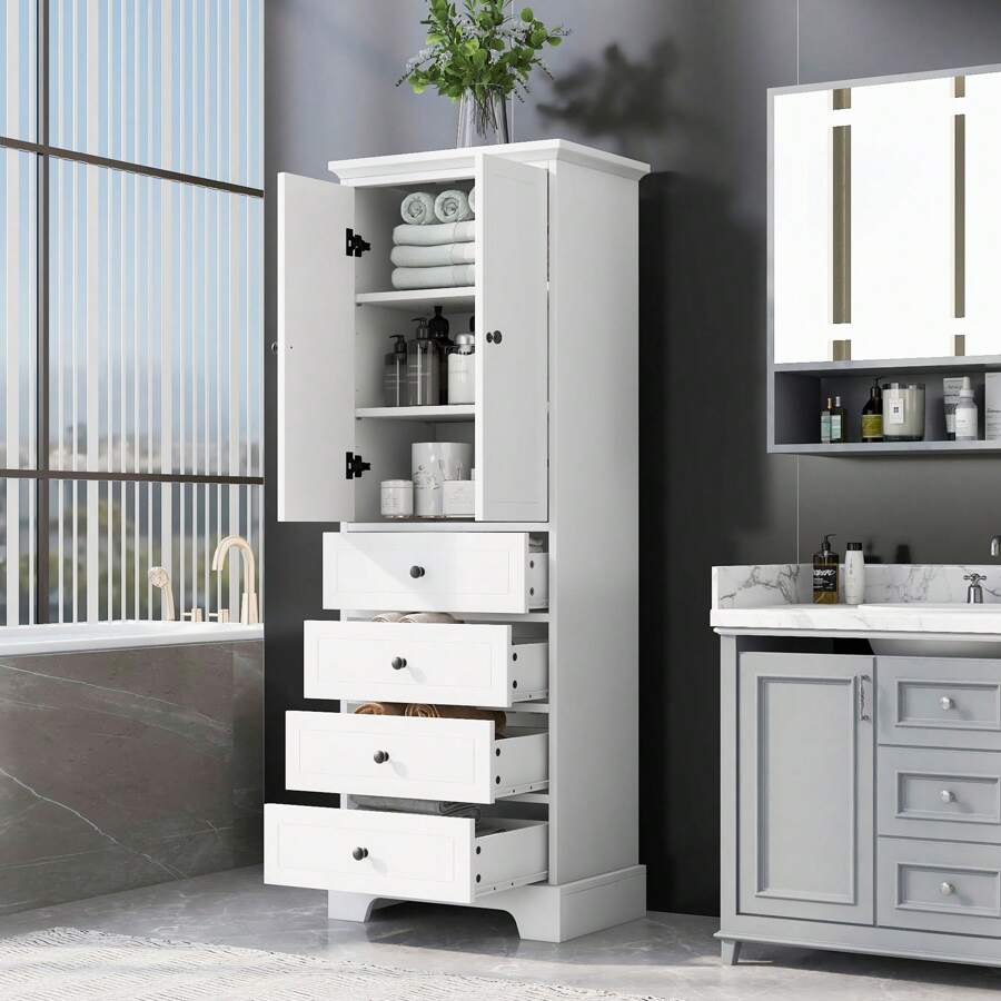 Tall Bathroom Storage Cabinet With 2 Doors And 4 Drawers, Freestanding Floor Cabinet With Adjustable Shelves, Large Wood Linen Cabinet For Bathroom, Kitchen, Living Room Storage