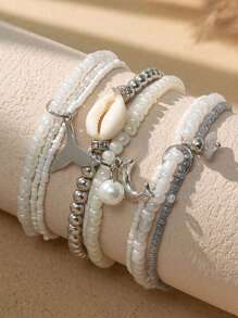 Conjunto de pulseras colgante de delfín con cola de pez y cuentas de arroz bohemias, accesorios de joyería de múltiples capas para playa y mar de verano.