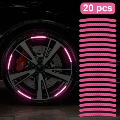 20pcs Car Wheel Hub Reflective Sticker, Colorful & Luminous Pink Rim Decorative Stripe Sticker For Night Use