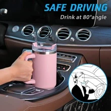 1 pieza Vaso de 40 Oz en color rosa claro con asa y pajita, vaso libre de BPA con tapa y pajita, botella de agua reutilizable de acero inoxidable aislada de doble pared para el hogar, la oficina y los viajes de vuelta a la escuela