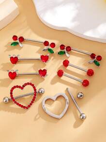 4 Pairs/Set Red Stainless Steel Nipple Rings With Cherry Heart Shape For Daily Wear, Women's Sexy Jewelry Valentines