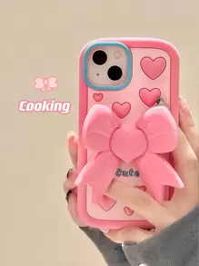 Cute Pink Heart Lens Cartoon Phone Case With Bowknot, Desk Stand Phone Holder For 12, 13, 14, 15 Pro