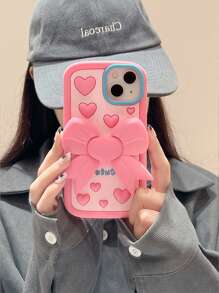Cute Pink Heart Lens Cartoon Phone Case With Bowknot, Desk Stand Phone Holder For 12, 13, 14, 15 Pro
