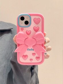 Cute Pink Heart Lens Cartoon Phone Case With Bowknot, Desk Stand Phone Holder For 12, 13, 14, 15 Pro