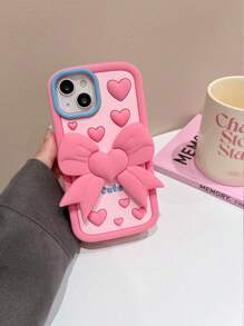 Cute Pink Heart Lens Cartoon Phone Case With Bowknot, Desk Stand Phone Holder For 12, 13, 14, 15 Pro
