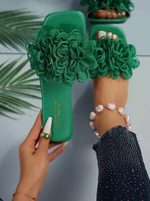 Women's Plus Size Comfortable Simple Flat Sandals With Square Toe, Big Flowers And Strap, Casual And Fashionable Shoes For Summer Beach Outfits