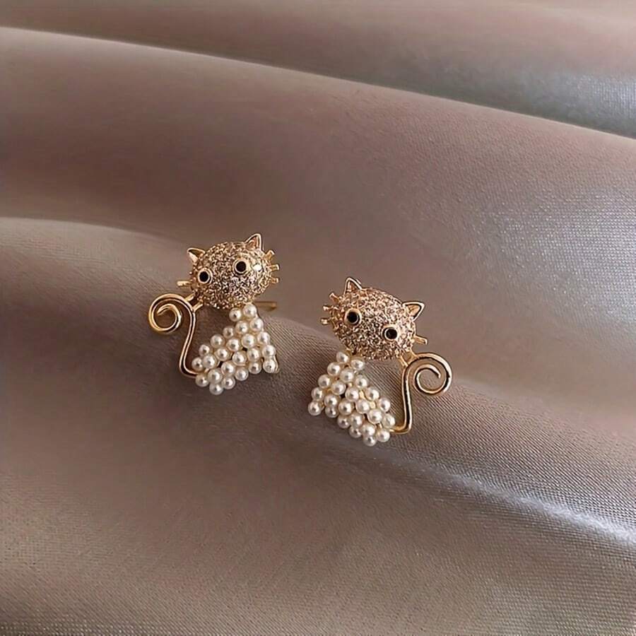 1 cặp bông tai hình mèo đính đá Rhinestone sang trọng - Vàng - Xem 1