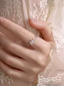 1 pieza Anillo abierto de acero inoxidable con trébol de cuatro hojas púrpura y circonita, anillo de nicho de alta gama con delicada sensación premium