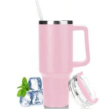 1 pieza Vaso de 40 Oz en color rosa claro con asa y pajita, vaso libre de BPA con tapa y pajita, botella de agua reutilizable de acero inoxidable aislada de doble pared para el hogar, la oficina y los viajes de vuelta a la escuela