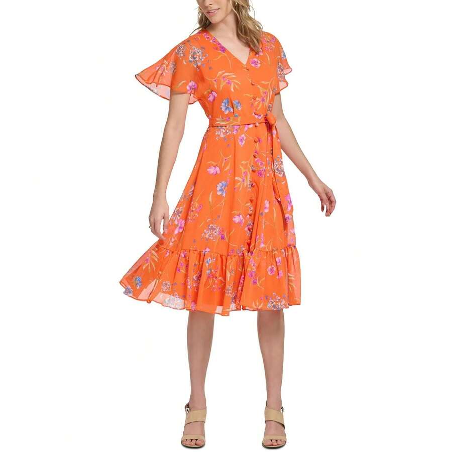 CALVIN KLEIN Petites Womens Floral Print Knee Length Fit & Flare Dress - Grenadine đa - Xem 1