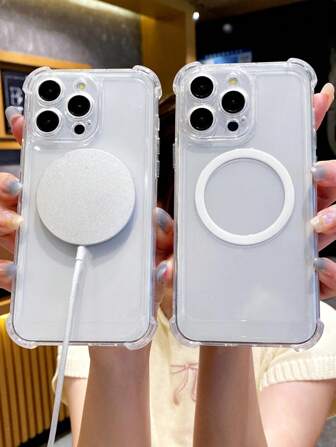 Magnetic Air Cushion Case Compatible With IPhone 16 Pro Max, Transparent Shockproof Wireless Charging Cover For IPhone 17 Pro, 15, 13, 11 Pro Max, XR, Lens Protection