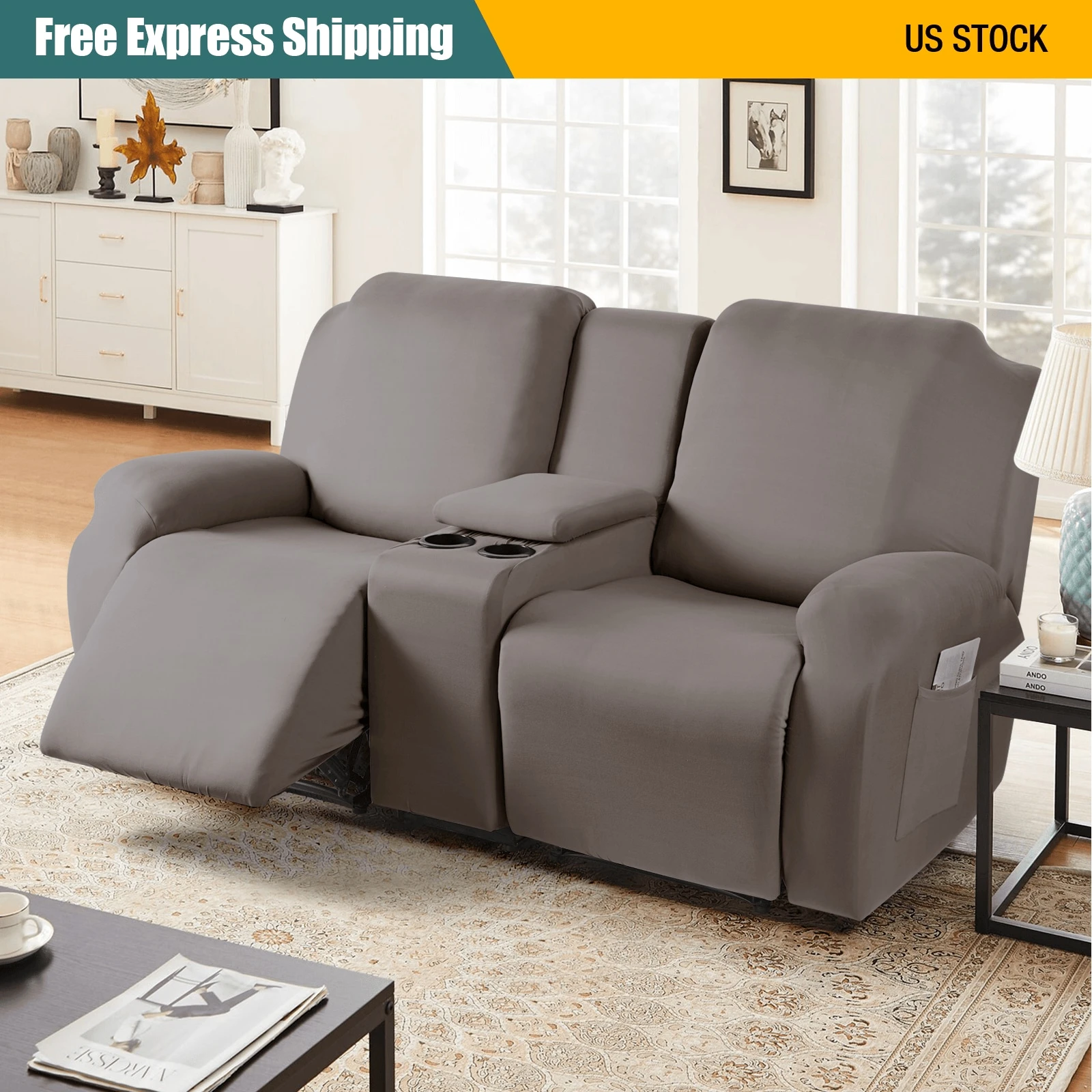 Solid Reclining Loveseat With Middle Console Slipcover, 4 Piece