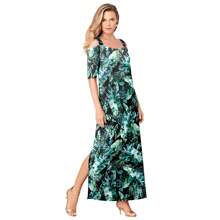 Roaman's Women's Plus Size Petite Ultrasmooth Fabric Cold-Shoulder Maxi Dress - TROPICAL LEAVES - View 1