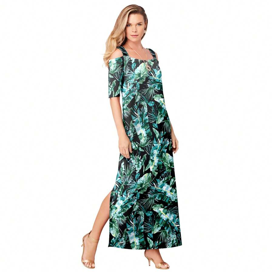Roaman's Women's Plus Size Petite Ultrasmooth Fabric Cold-Shoulder Maxi Dress - TROPICAL LEAVES - View 1