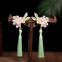 Horquilla hecha a mano Hanfu original con flor de vidrio y borla, accesorio para el cabello de estilo chino retro - Multicolor - Ver 6