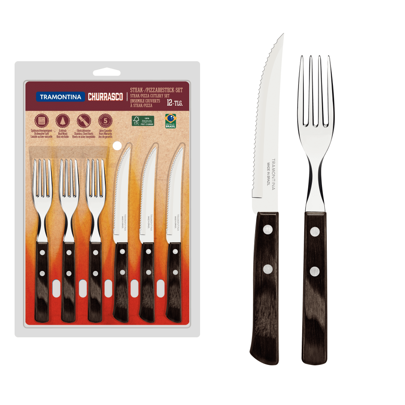 La Tramontina Juego de cubertería TRAMONTINA para carne, de acero inoxidable con mangos de madera de color marrón, utensilios con remaches, 12 piezas, oferta del