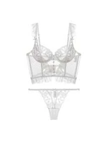 Của phụ nữ Ren gợi cảm Bras & Bộ Thong Với Vòng thép - trắng - Xem 5