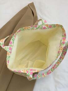 樱桃印花简约水桶大号单肩托特包，学生女生单肩书包，心形印花甜美包，灯芯绒托特包，四季时尚 - 米色 - 查看 6