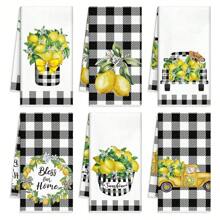 6 Piezas de Toallas de Cocina con Limones, Toallas de Plato de Verano Divertido, Toallas de Mano a Cuadros Amarillos y Negros, Toallas de Té Decorativas Absorbentes con Bucle Colgante para Regalo de Inauguración de la Casa, Cocina, Baño, Hogar, Suministros para el Hogar