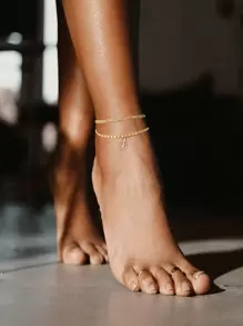 2 peças Pulseiras de Tornozeleira com Letras Iniciais das Mulheres Banhadas a Ouro 14K, Correntes de Pé Impermeáveis em Camadas, Presentes de Jóias de Verão Para Meninas e Mulheres