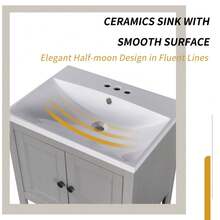 24" Bathroom Vanity With Sink, Bathroom Vanity Cabinet With Two Doors, Open Storage Shelf, Bathroom Storge Cabinet, Free Standing Single Basin Vanity Set For Bathroom - Grey - View 3