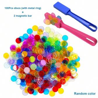 100 piezas de fichas de bingo transparentes y coloridas para juegos y 2 varitas magnéticas, juguetes de aprendizaje temprano con reconocimiento magnético de colores, con varios colores (colores enviados al azar)