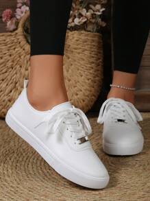 Zapatillas blancas para mujer, estilo británico, zapatos deportivos de cordones con punta redonda, zapatillas deportivas planas de corte bajo, elegantes, transpirables y antideslizantes para estudiantes - Blanco - Ver 5