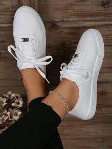 Zapatillas blancas para mujer, estilo británico, zapatos deportivos de cordones con punta redonda, zapatillas deportivas planas de corte bajo, elegantes, transpirables y antideslizantes para estudiantes - Blanco - Ver 6
