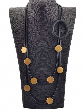 1pc Double-Layer Rubber Retro  Wooden Beaded Necklace, Bohemian Fashion Jewelry