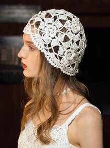 1 pieza Mujeres gorro hecho a mano de punto de ganchillo en unicolor, gorro holgado y transpirable adecuado para uso diario