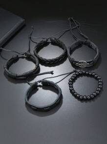 5pcs Punk Style Black Leather Tree Of Life Beaded Bracelets - Black - View 4