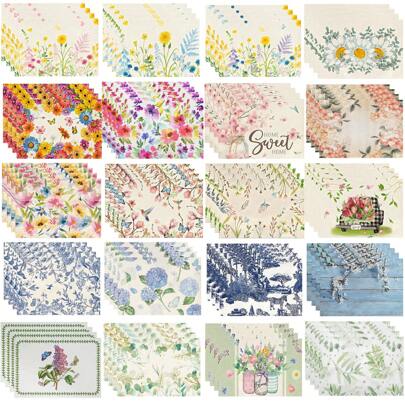 4 Stücke Platz-Sets mit Blumen Serie, frisch und einfacher Stil Küchentisch Dekoration, Blumen, Vögel und Blätter Muster, waschbare Stoffe Platz-Sets für Esszimmertisch, Standardgröße, Creme-Rosa