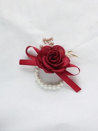 1pc Bridal Chinese-Style Red Pearl Elastic Bracelet With Pearl Beads, Camellia Flower Decor And Scalloped Edge For Bridesmaid, Sisterhood And Wedding Dress Accessory