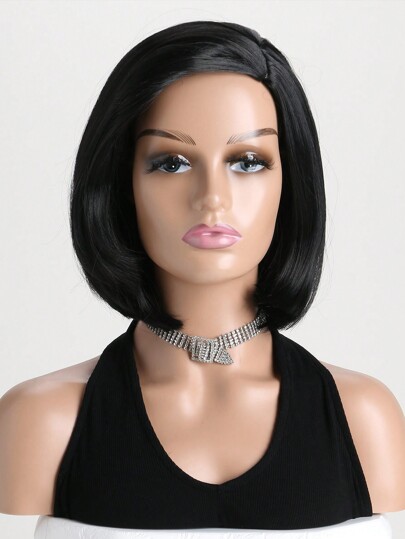 Women's Fashion Natural Short Curl Wig, 12 Inch Naturally Black Color Side Parted Short Straight Hair Bob Wig, Suitable For Daily Wear, Costumes And Parties