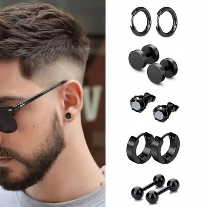 5pairs Simple Stainless Steel Round Earrings, Punk Style Ear Accessories, Suitable For Daily Wear