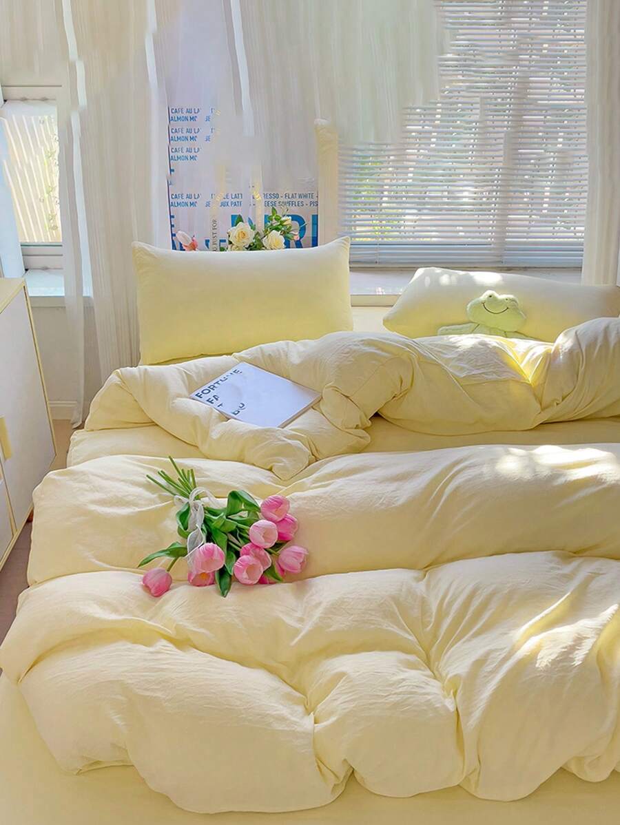 Bộ 3 món ga trải giường mềm mại, màu trơn, đã qua xử lý giặt - Vàng nhạt - Xem 1