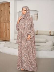 Váy cầu nguyện Hồi giáo Abaya họa tiết hoa Châu Phi cỡ lớn dành cho nữ kèm khăn trùm đầu Hijab, quần áo dài tay có mạng che mặt - Màu be - Xem 5