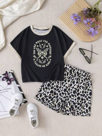 Tween Girl Short Sleeved Top, Shorts, Butterfly Leopard Print Set, New Western Casual And Breathable