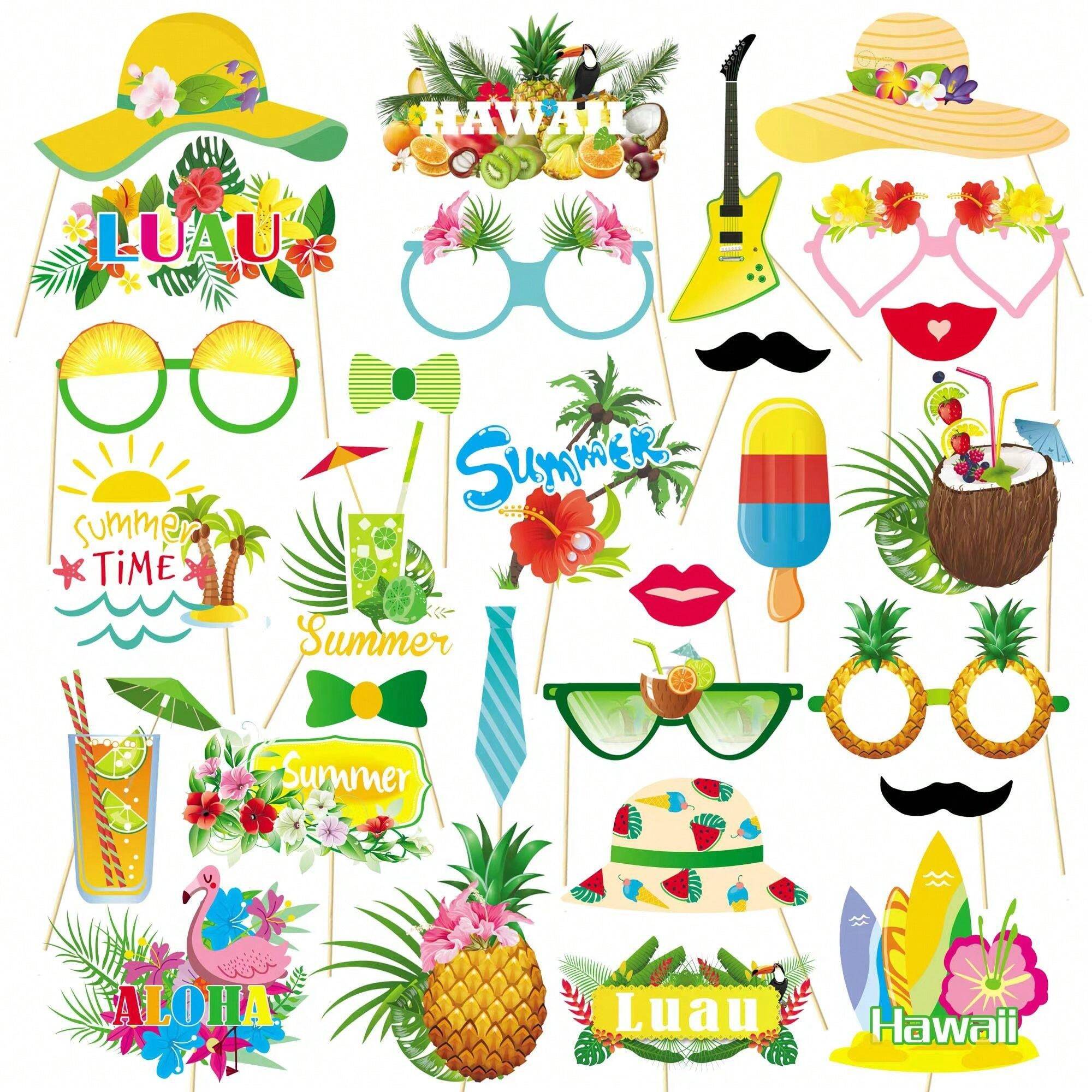 Kit Fiesta Hawaiana - 25 Accesorios Photocall + Marco Inflable Para Fotos